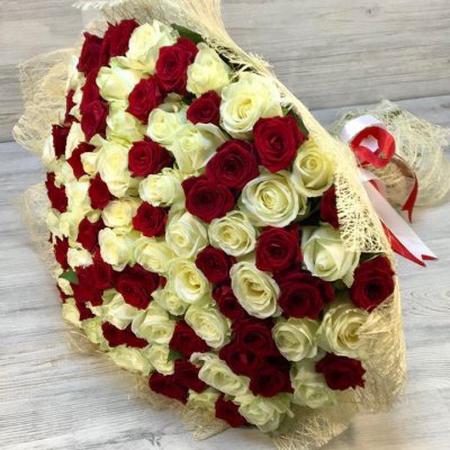 Букет из 101 красной и белой розы (70 см) "Легкий поцелуй"